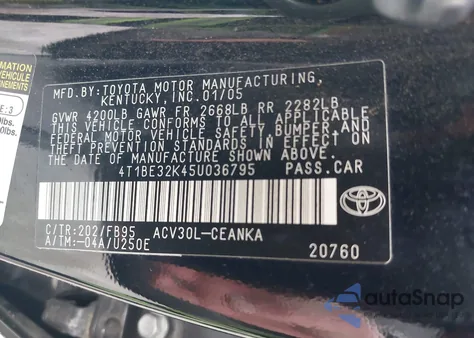 2005 Toyota Camry Std z USA, uszkodzony, nr VIN 4T1BE32K45U036795